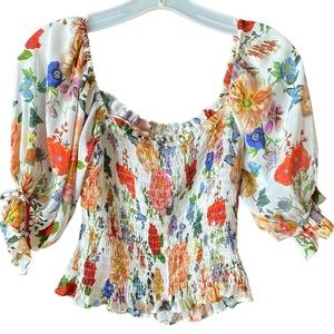 Olivaceous Floral Peasant Top Blouse Gathered Puffy Sleeve Excellent Condition!